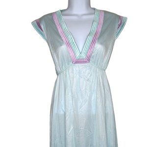 Vintage 70s Tom Bezduda Full Length Nightgown S Blue Nylon Quilted Deep V Neck